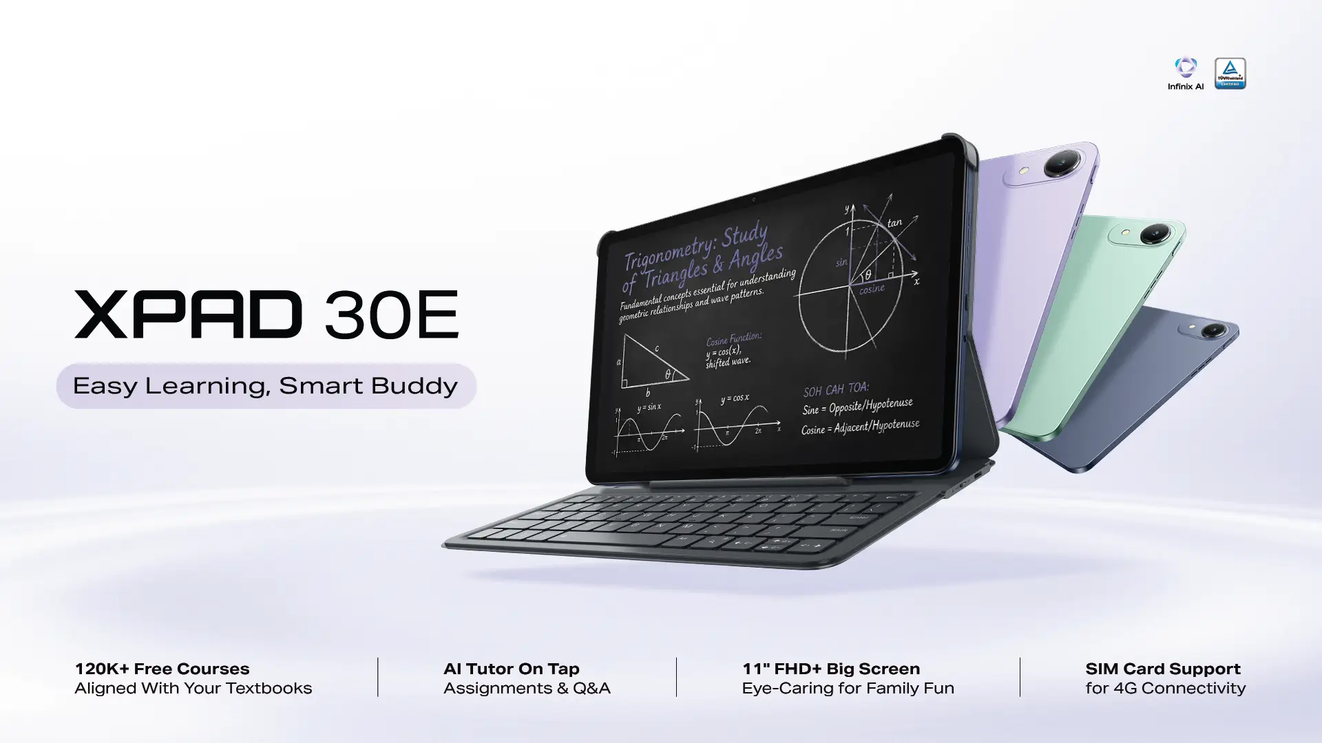 Infinix XPAD 30E tablet with keyboard cover, shown in Deep Blue, Forest Green and Dreamy Purple